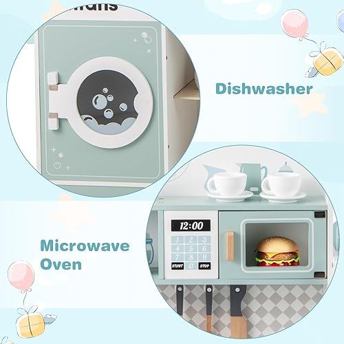 Miniatura 4 de INFANS Juego de cocina para niños, juego de cocina de madera para niños pequeños, juego de juguetes de cocina con cafetera, máquina de hielo,