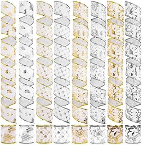 UnionJoy Golden & Sliver Wired Ribbon Assorted Holiday Decorative Ribbon Sheer Glitter Tulle Organza Ribbon 2.5" W for Christmas Tree Decoration Gift Wrapping Bow, 8 Rolls 24 Yads