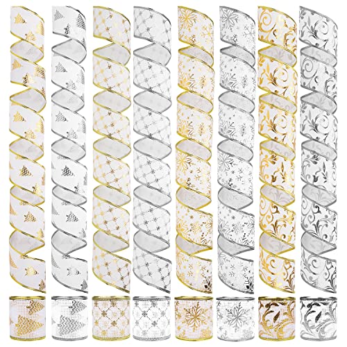 Unionjoy Golden & Sliver Wired Ribbon Assorted Holiday Decorative Ribbon Sheer Glitter Tulle Organza Ribbon 2.5" W For Christmas Tree Decoration Gift Wrapping Bow, 8 Rolls 24 Yads #TOP3