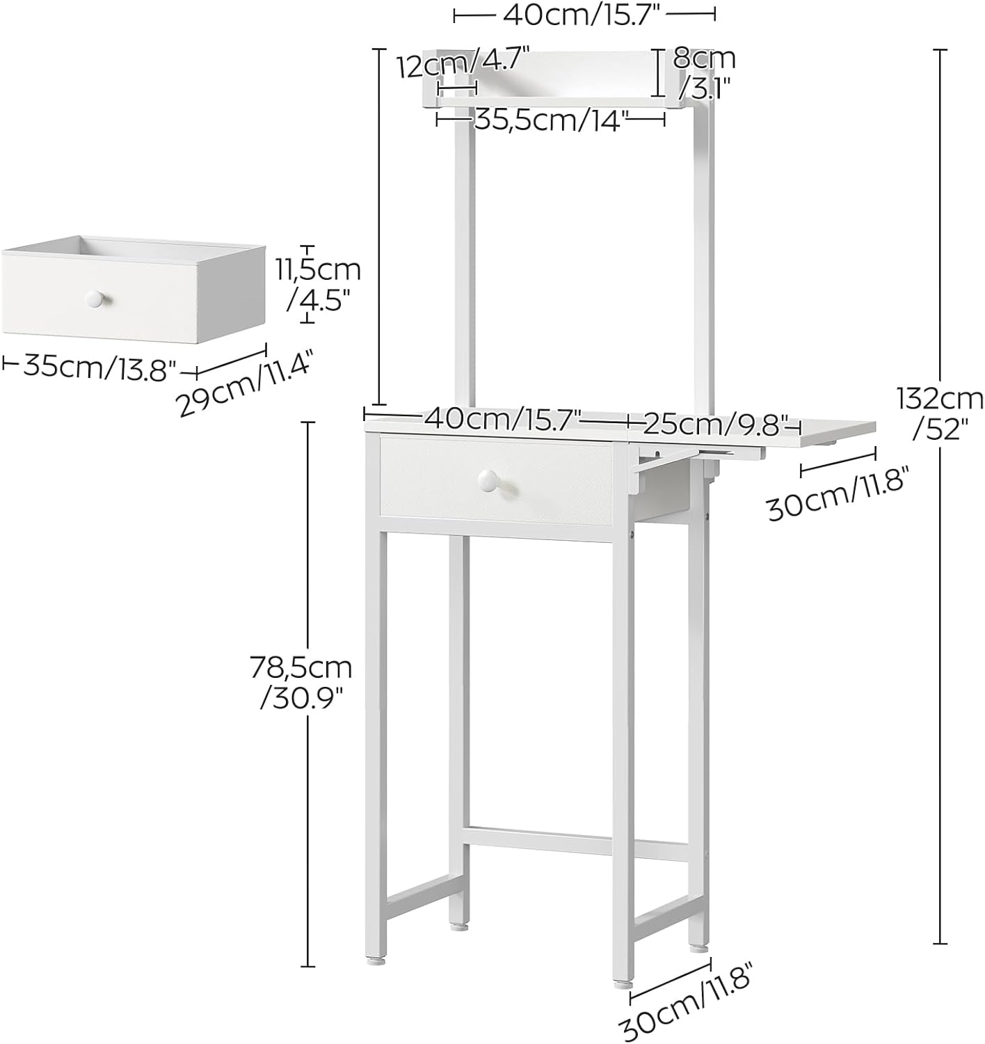 Small Vanity Desk Without Mirror, Makeup Vanity Table for Small Space, Compact White Dressing Table with Fold-up Panel and Fabric Drawer, for Bedroom, Easy Assembly, White