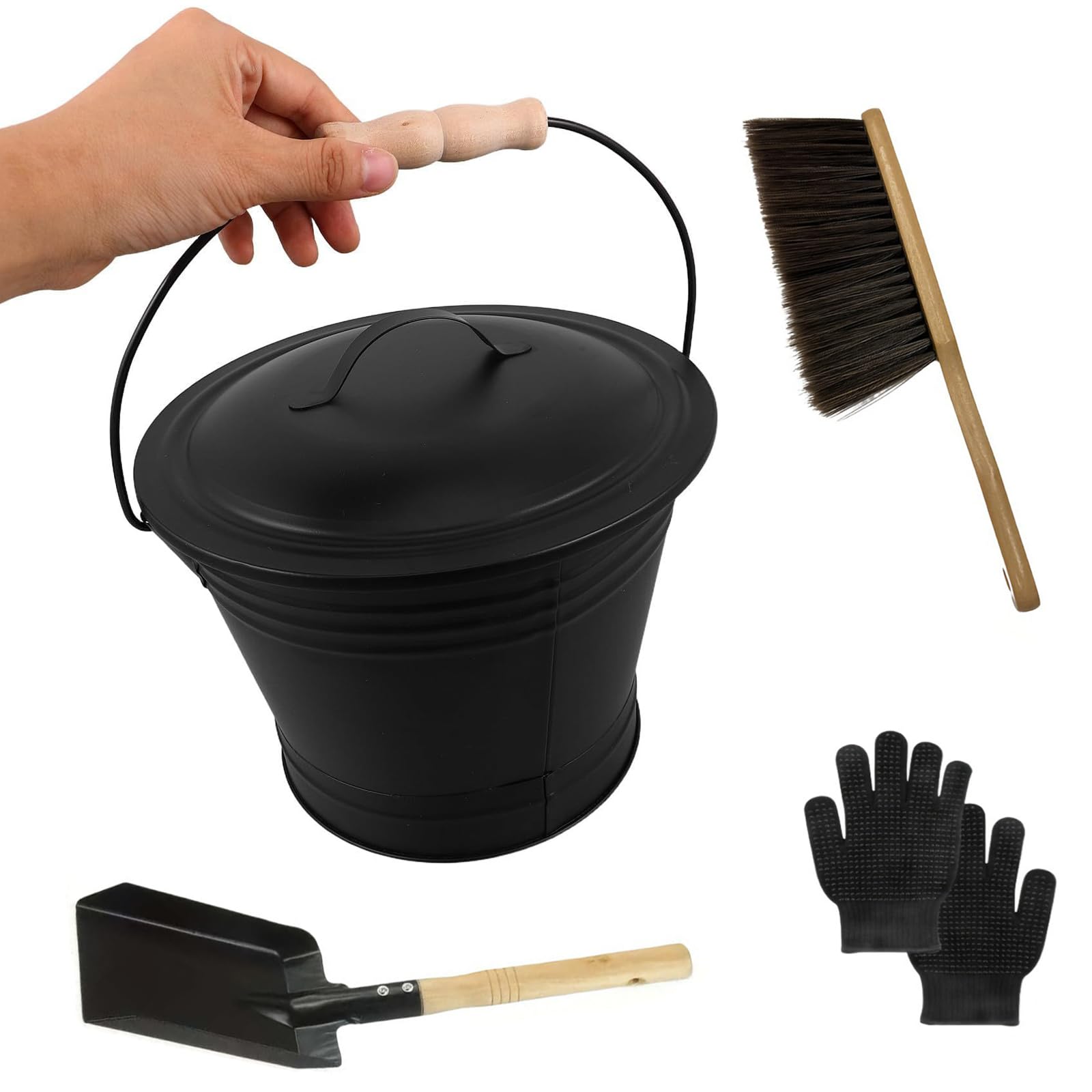 Compacts Irons Ashes Bucket with Fit Lid and Fireplaces Tool Shovel Brush Gloves for Efficient Ashes Removal Galvanized Steel Bucket