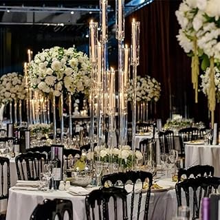 10Sets 8 Arm Acrylic Candelabra Candle Holder for Wedding,38.5 inches Tall Clear Candlestick Holders with Shade for Tables Party Event Dinner Decoration (Fit 0.8" Led Candles)