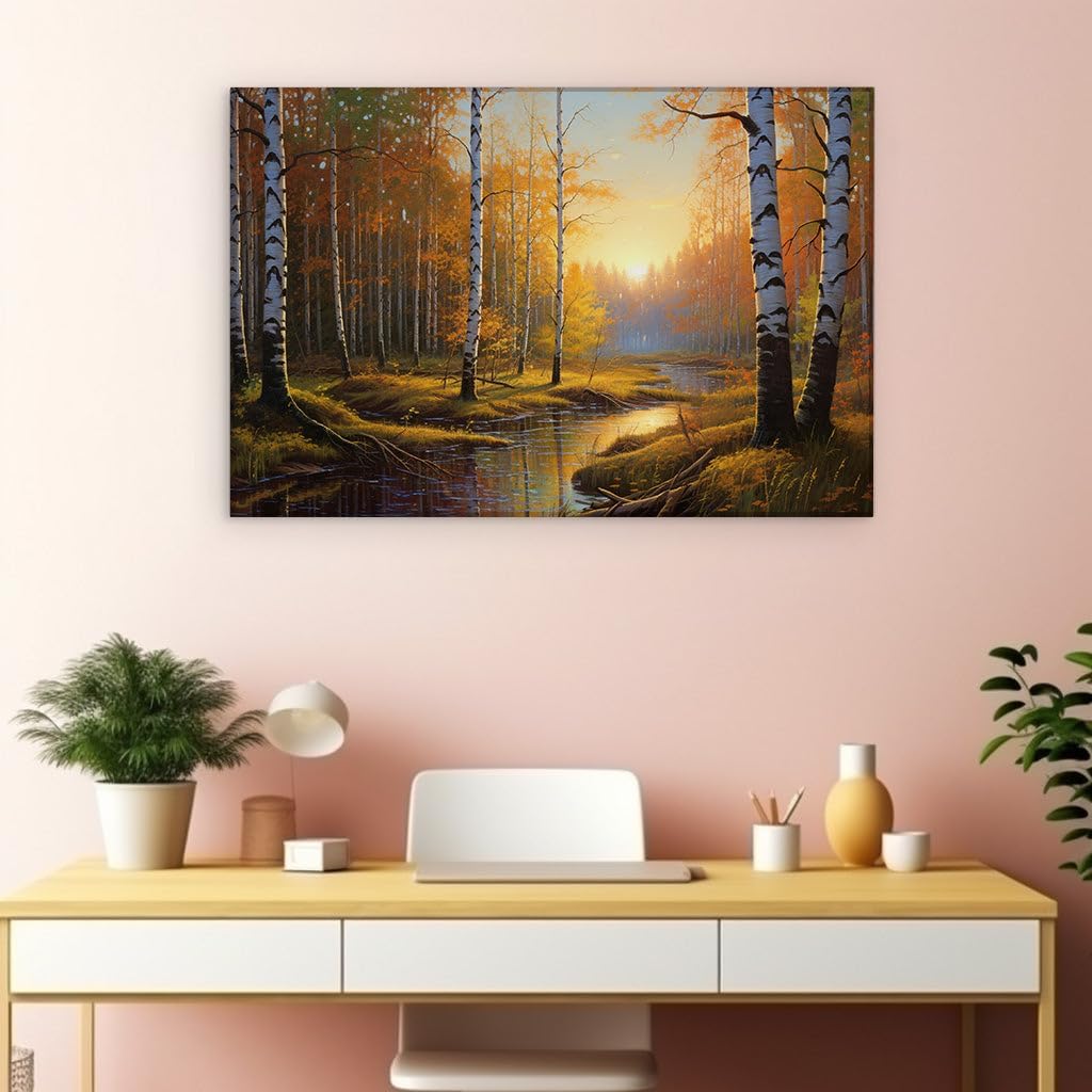 Canvas for Living room. Autumn's Embrace: A Serene Journey through a Sunset-Kissed Forest, 27 x 18 inch Canvas Wall Art - Contemporary Masterpieces - Modern Home Decor - 69x46 cm (27x18 inch)