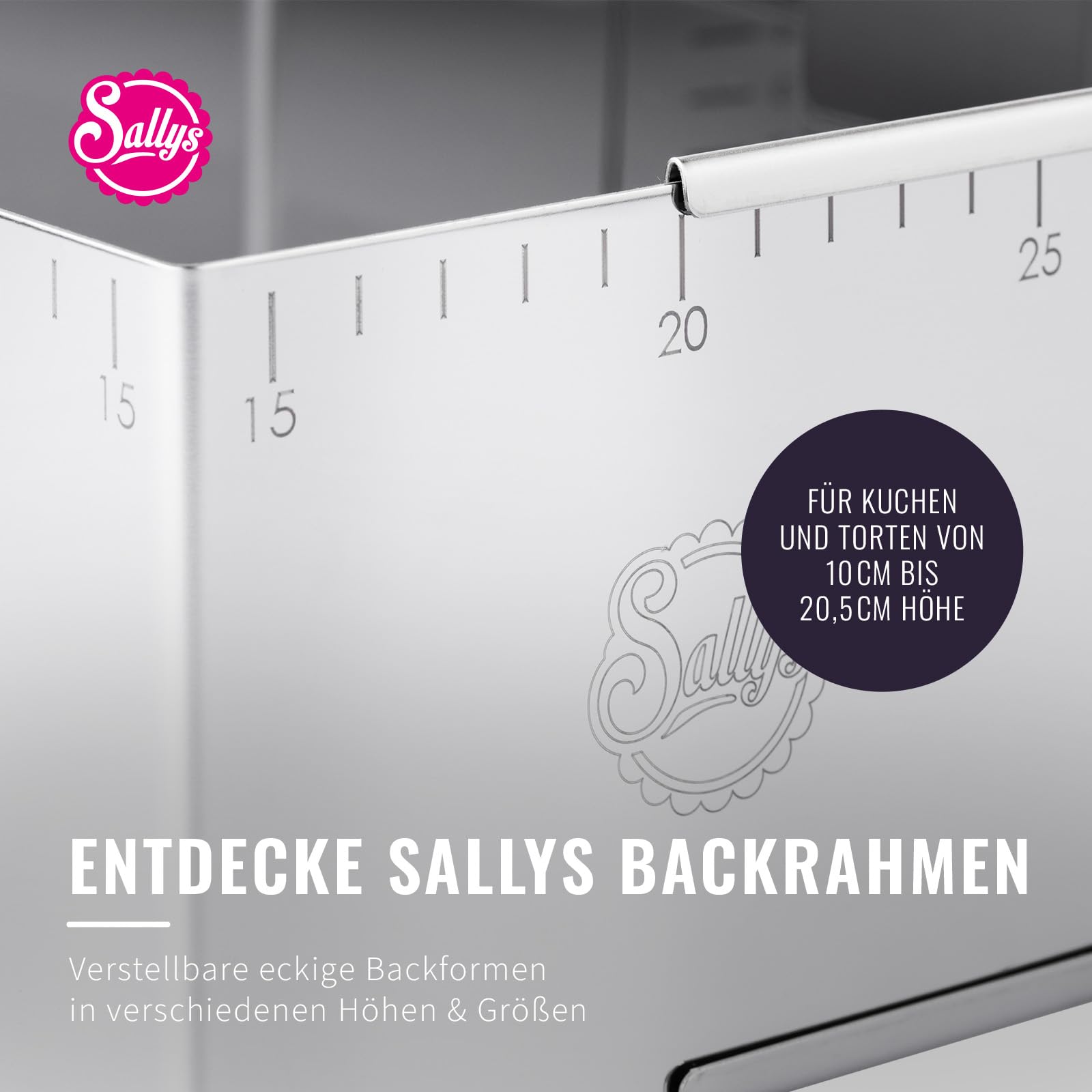 Sallys Backrahmen - Verstellbare Größe von 24x19cm bis 32x46cm - 10cm hoch - Eckige Backform aus Rostfreiem Federbandstahl - mit Skalierung - Spülmaschinenfest