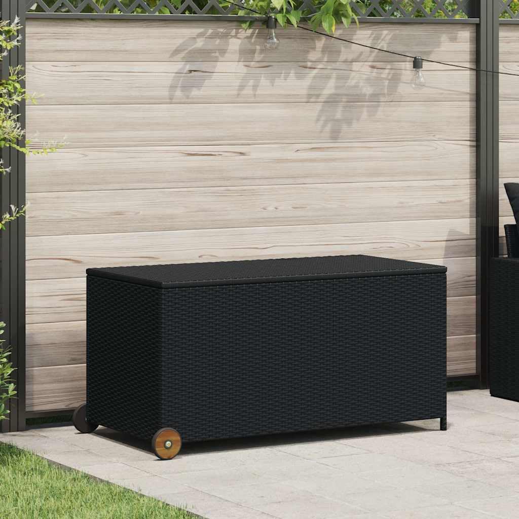 Garten-Auflagenbox Schwarz 120x65x61 cm Poly Rattan mit wasserdichtem Stauraum, Deckel und Rollen für Balkon Terrasse Outdoor, wetterfest und platzsparend zur Kissen Aufbewahrung