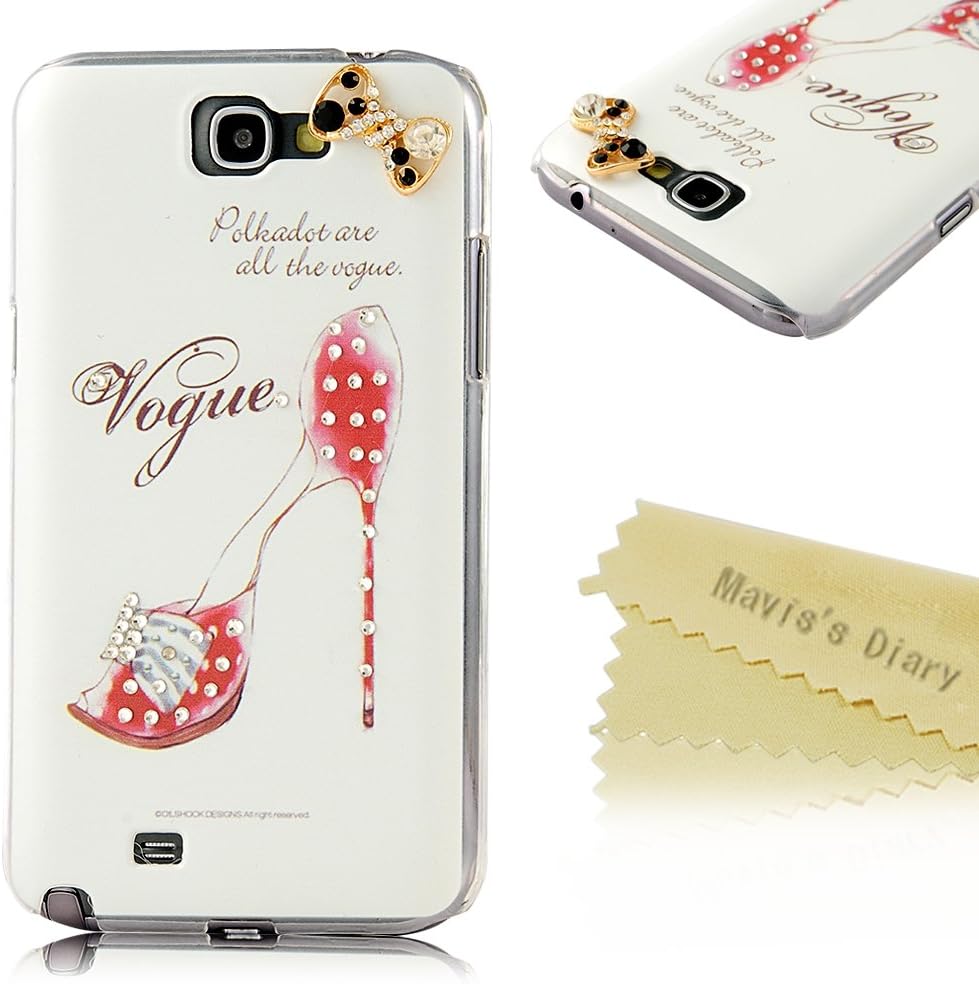 Note 2 Case, Galaxy Note 2 Case - Mavis's Diary 3D Handmade Bling Crystal High Heels Sparkle Glitter Diamond Bow Rhinestone Case Hard Cover for Samsung Galaxy Note 2 N7100 I605 L900 I317 T889 T-Mobile Version with Soft Clean Cloth (One Case)