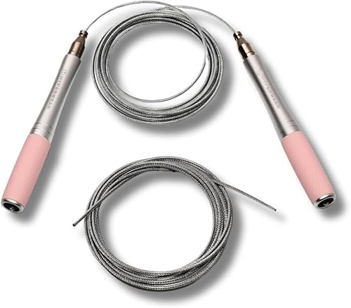 Hyperwear Cuerda de saltar de velocidad ajustable cabezal autoblocante patentado, colgadores de aluminio con agarres de silicona moleteados y cuerda