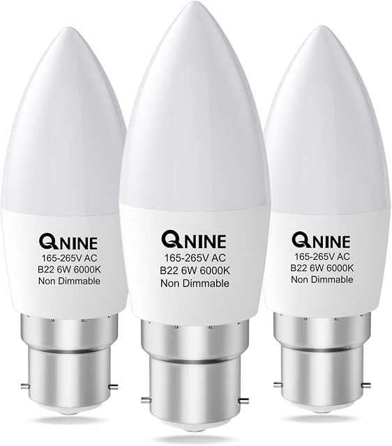 QNINE Cool White LED Candle Bulb Bayonet, 6W (60W Equivalent), 550lm, B22 Light Bulb, 6000K, Non-Dimmable, 3 Pack