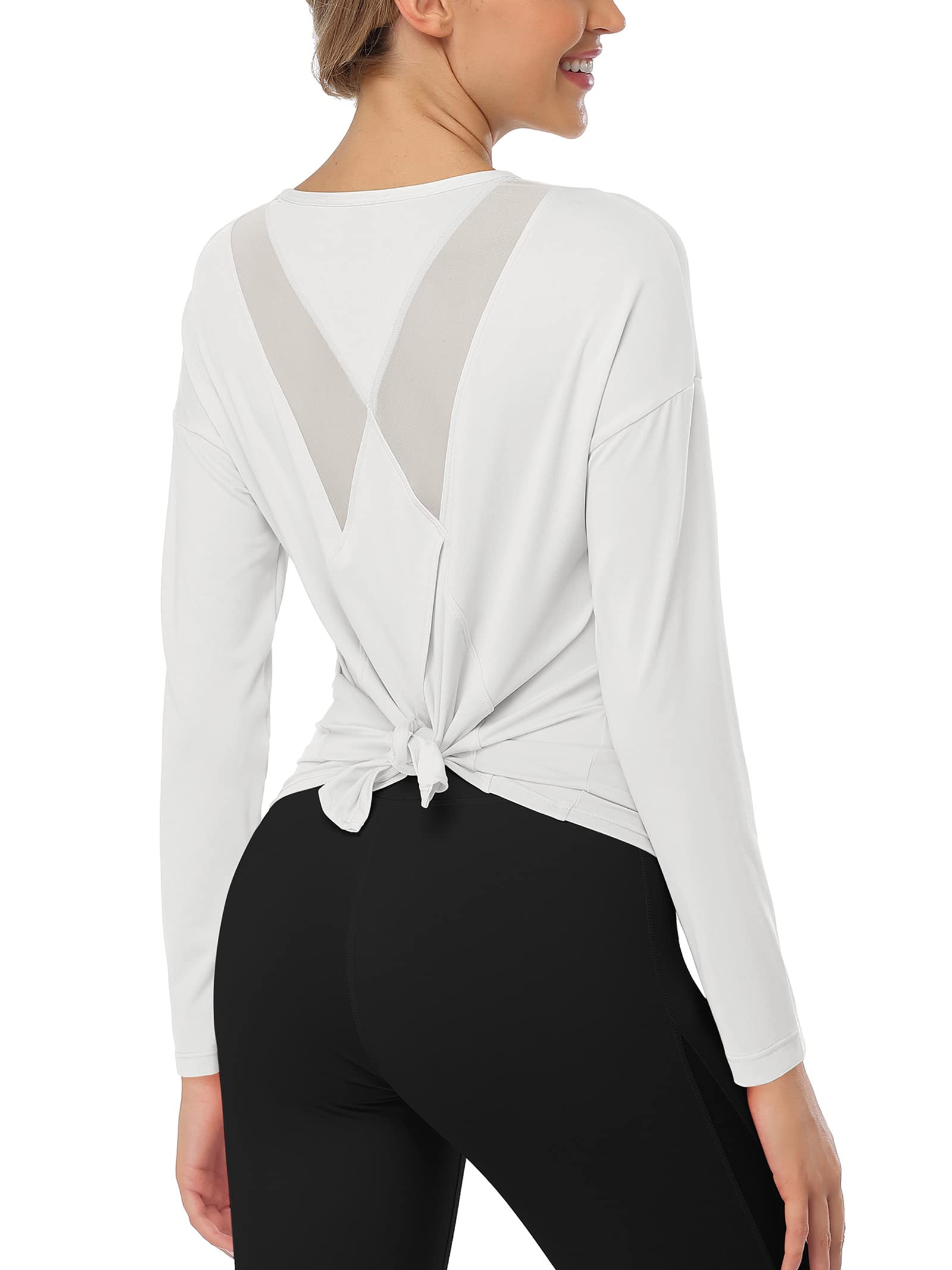 ATTRACOLong Sleeve Workout Shirts for Women Loose Fit Mesh Open Split Back Yoga Tops