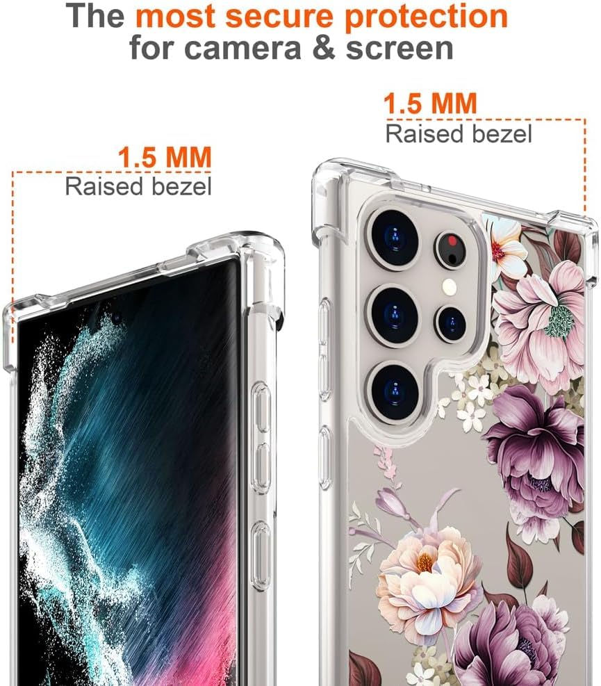 Image of Elzzi Transparent Flower Cover for Samsung S24 Ultra Case Shockproof Floral Design Full Camera Protection Shockproof PC+TPU Covers for Girls & Women