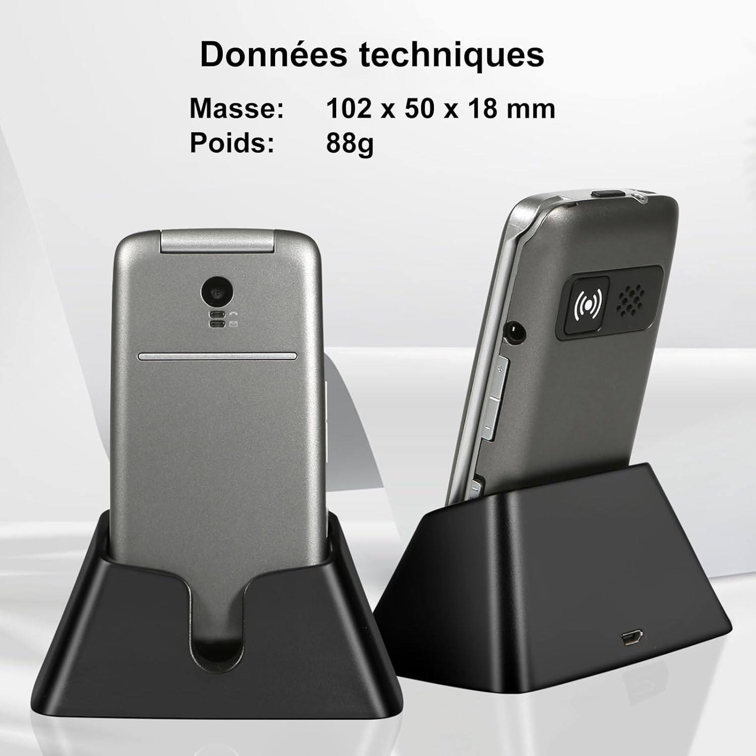 artfone G3 phone in charging dock with technical data: Mass and Weight