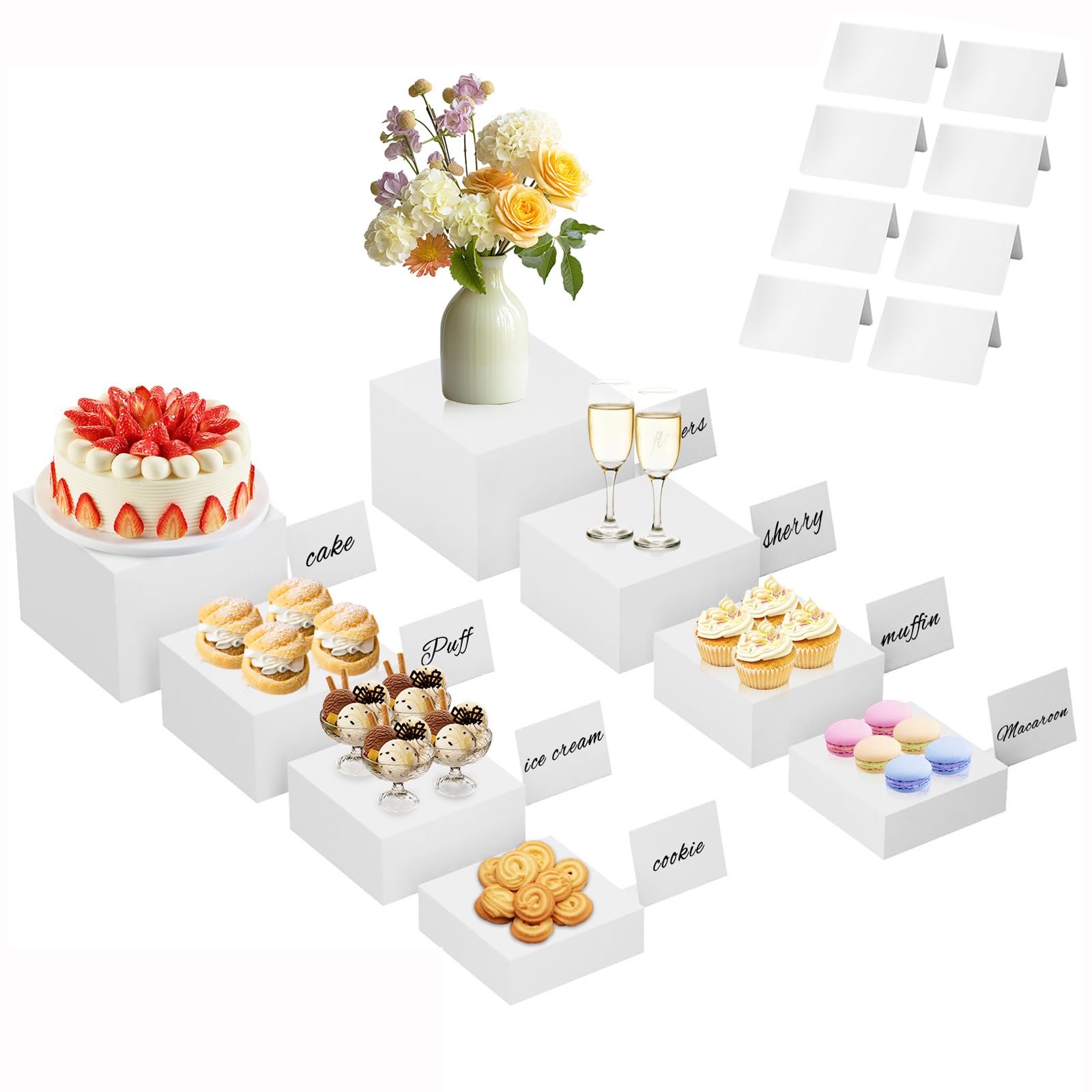 Lot de 8 rehausseurs de buffet en acrylique avec mini panneaux de buffet - Présentoir de table - Différentes tailles - Présentoir alimentaire pour figurines de collection