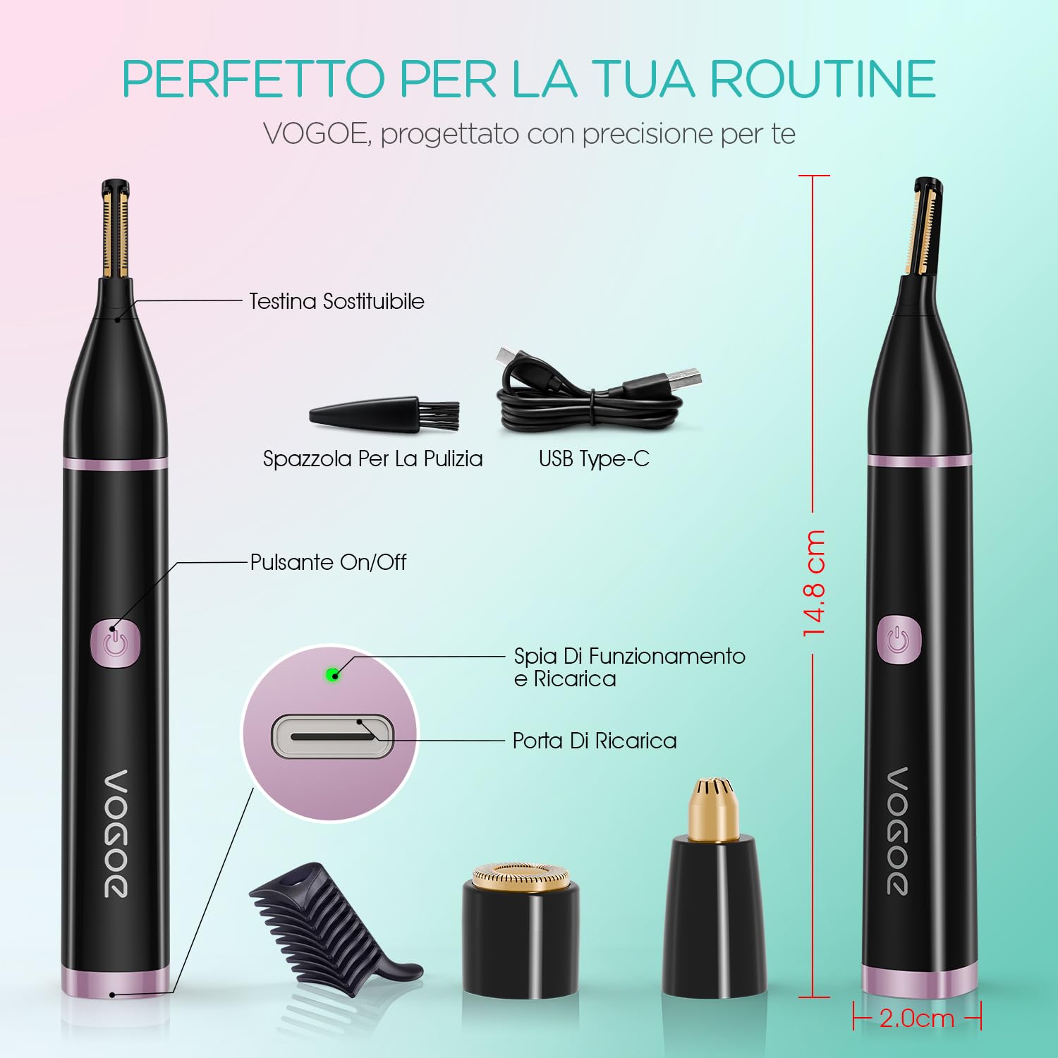 VOGOE Regolatore Sopracciglia Elettrico 3-in-1 per Donne, Epilatore Viso Donna Indolore, Ricaricabile e Portatile, per Labbra, Mento e Guance (Nero)