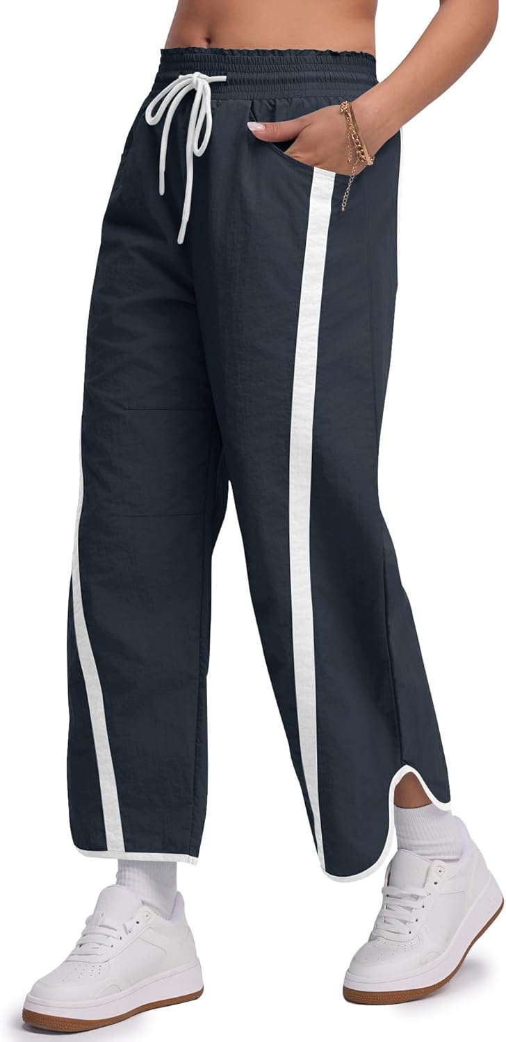 LOMON Womens Baggy Wide Leg Pants 2026 Lightweight Drawstring Contrast Color Elastic Waisted Y2K Track Pants with Pockets - Image 2