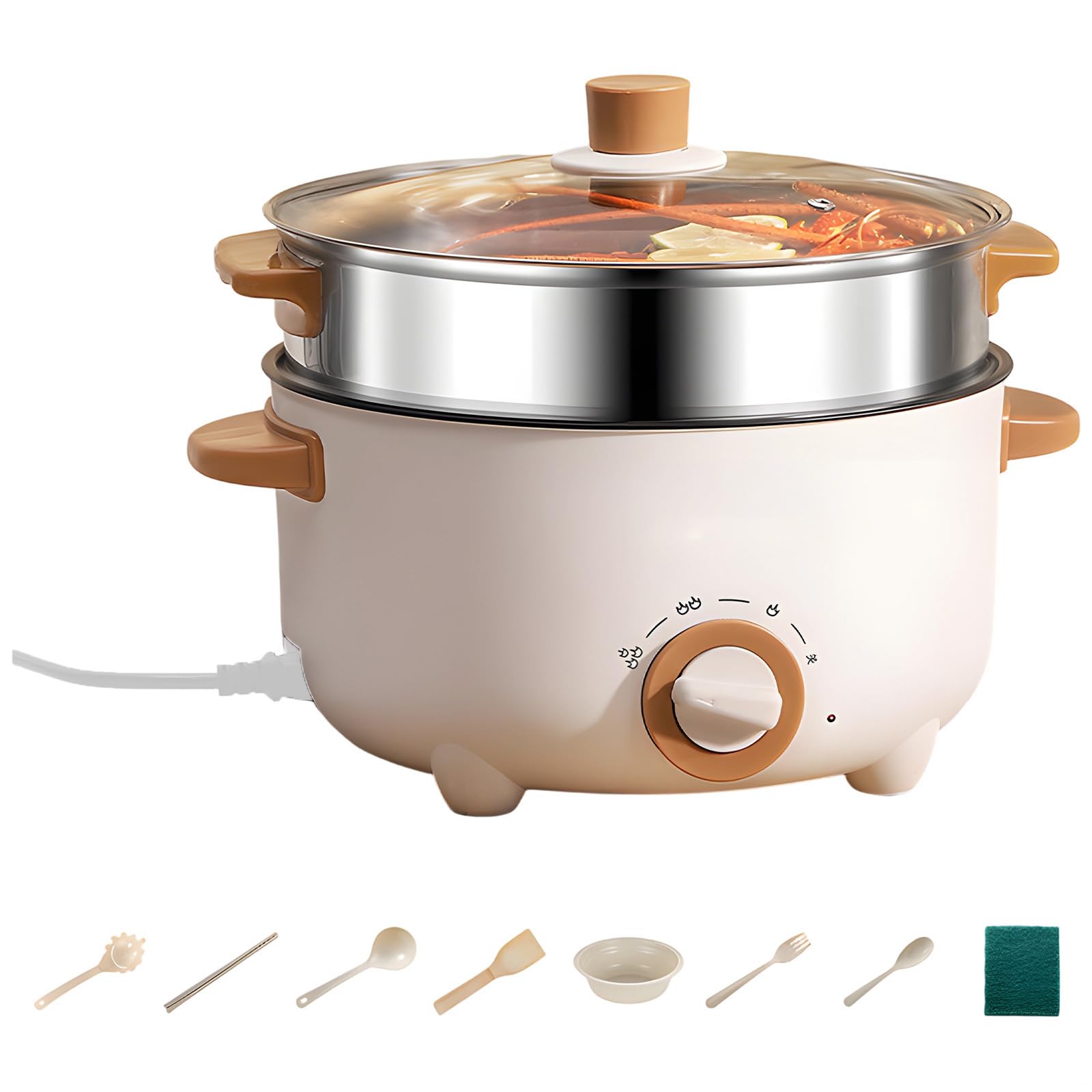 8.7 In Electric Hot Pot With Steamer, 2.6 Qt Multi Cooking Pot, Non-Stick Pot, Adjustable Temp, Complete Cookware, 800W