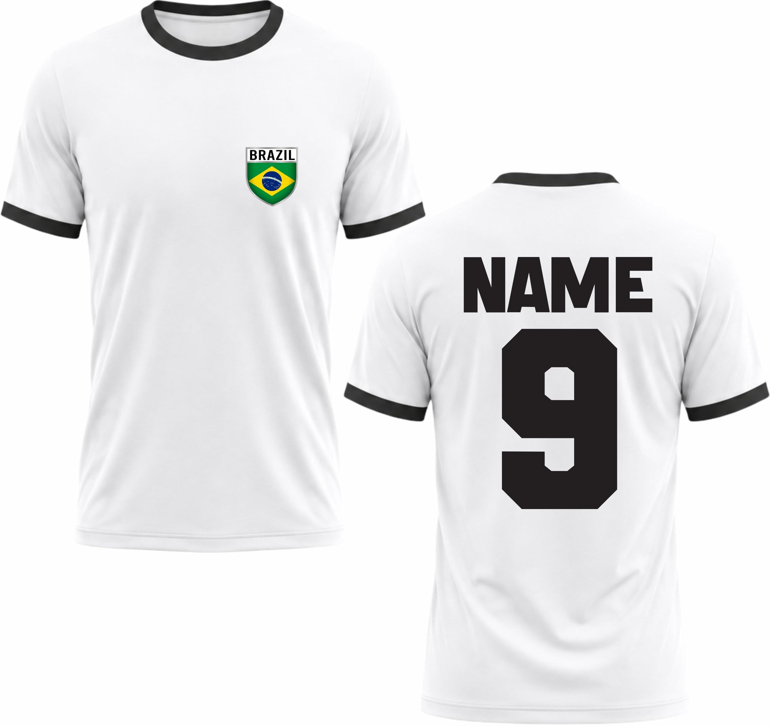 Personalised Brazil Football Ringer T-Shirt Brazil National Pride Tee Custom Name and Number Gift to White/Black โ image 1