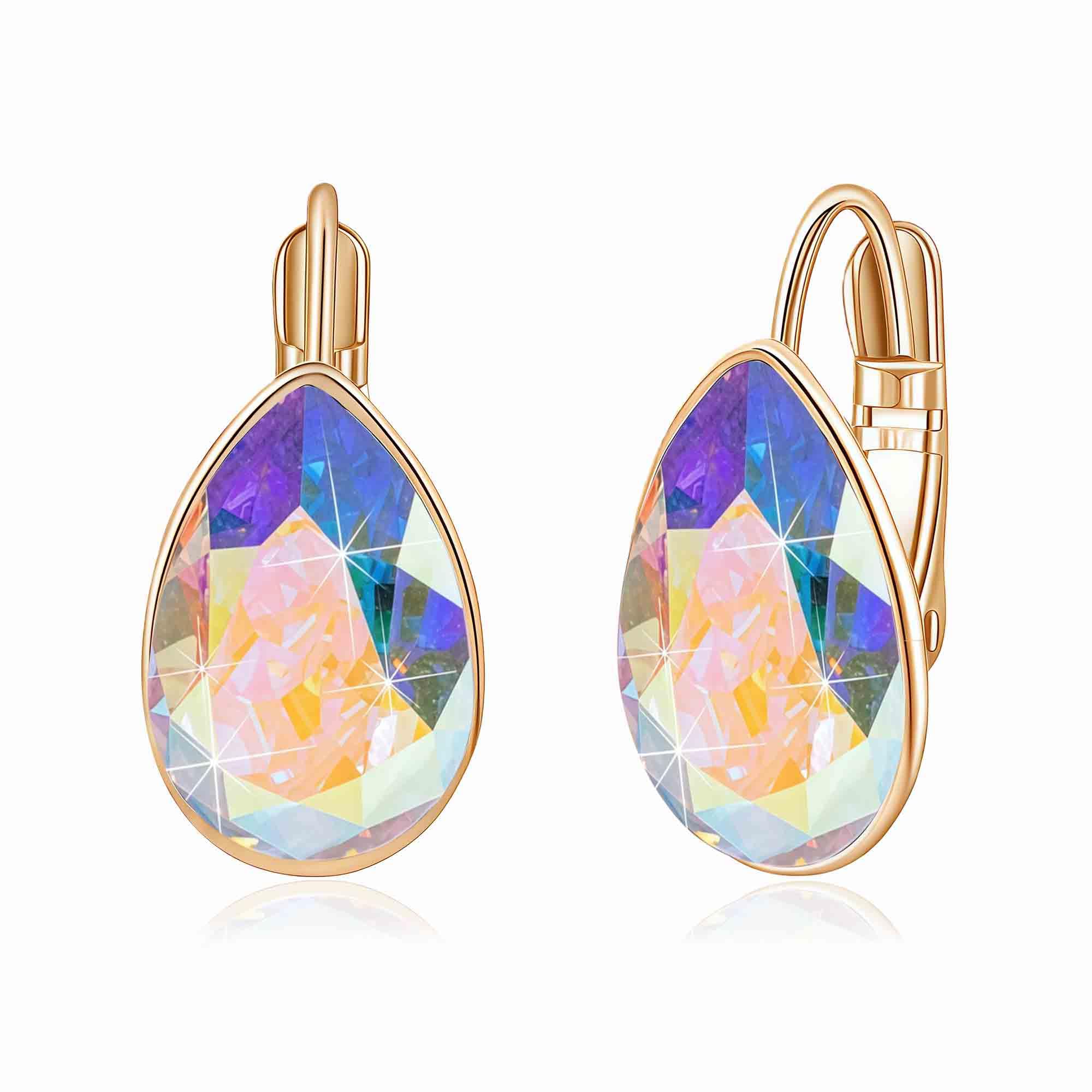 Teardrop Austrian Crystal Leverback Drop Earrings for Women 14K Rose Gold Plated Hypoallergenic Jewelry