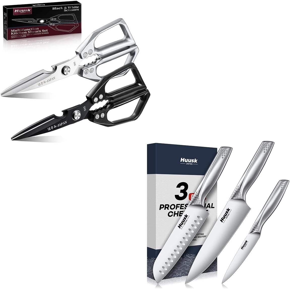 Huusk 3 Pieces Knife Set - Japanese Stainless Steel Kitchen Knife Sets Bundle with a Kitchen Shears Set, Professional Ultra Sharp Chef Knives Set with Ergonomic Handle, Gift for Birthday
