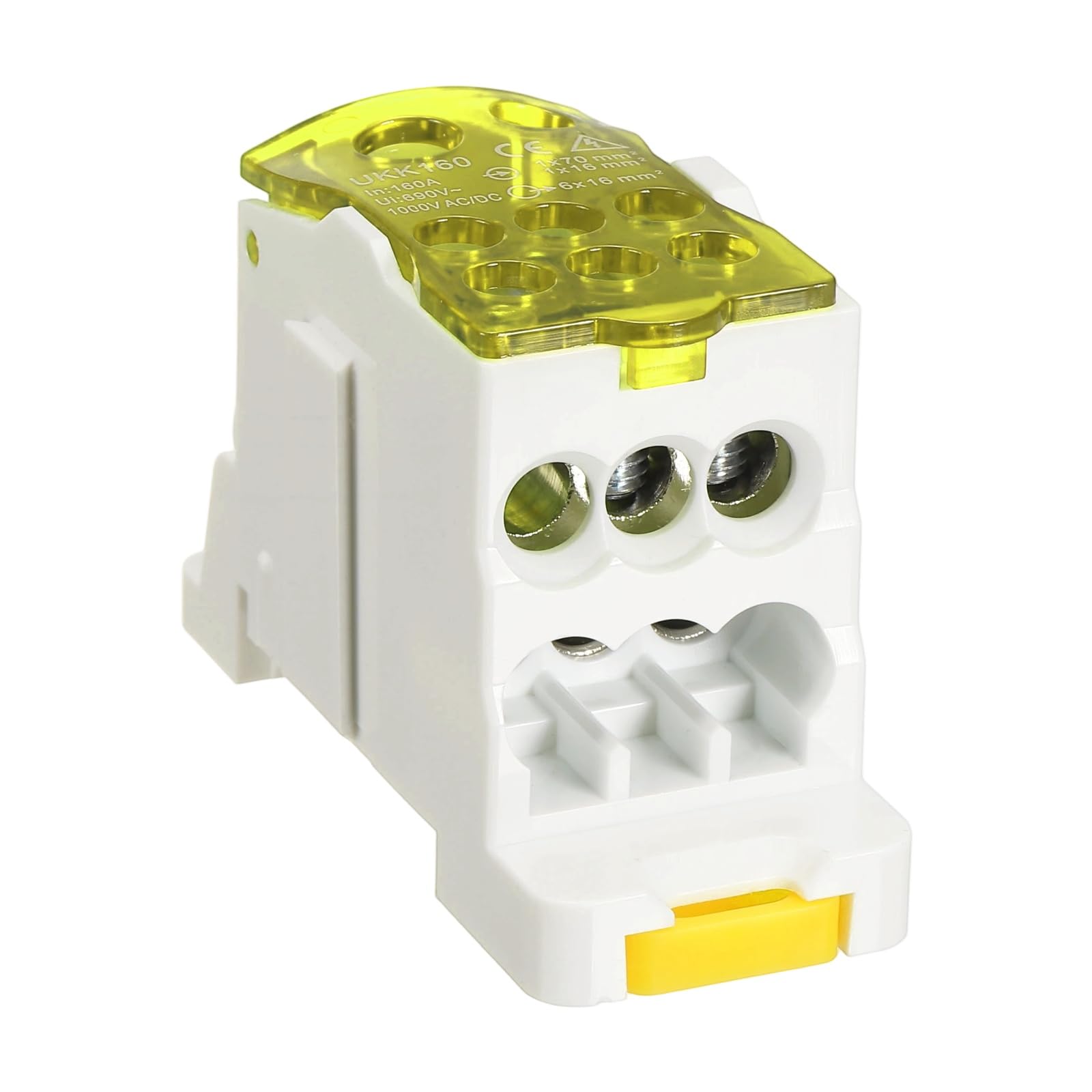 sourcing map 1 in 6 Out Rail Terminal Blocks, 690V 160A Connectors Power Distribution Block with Flame-Retardant Housing for Power Distribution Cabinets, Yellow 29.4mm Width 12-6AWG Gauge