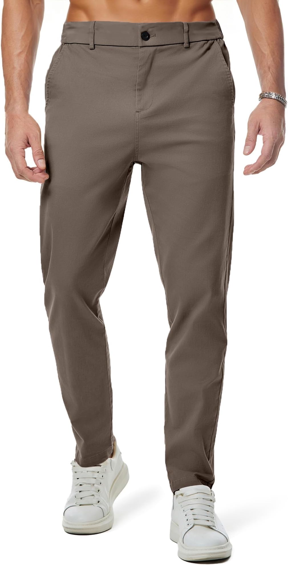 JMIERR Men's Stretch Chino Pants Business Casual Elastic Waist Travel Essentials Pant Slim Fit Tapered Cotton Twill Work Athletic Golf Dress Trousers, XL, Greyish Brown