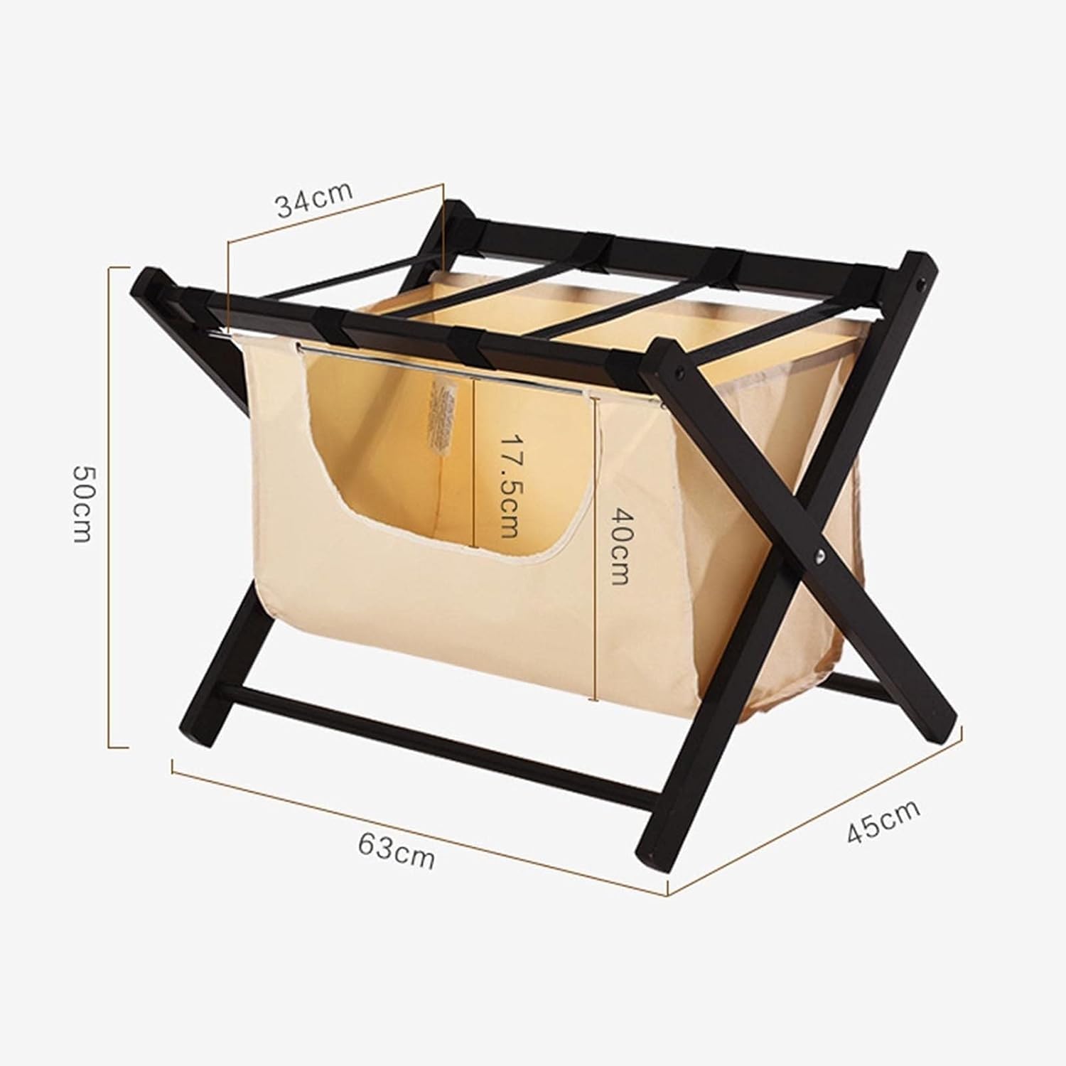 Faltbarer Gepäckständer - Kofferständer aus Holz mit Stofftaschen und Schuhaufbewahrung, Reise-Organizer aus schwarzem Massivholz für Hotelzimmer, 2 Stück, 63 x 45 x 50 cm