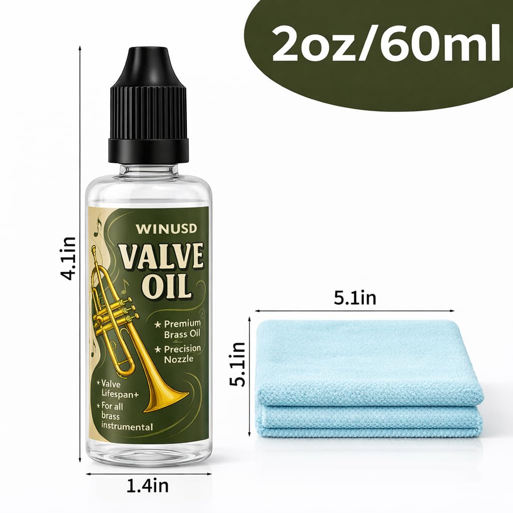 2oz Brass Valve Oil for Trumpet, Trombone, French Horn, Tuba, Cornet, Euphonium, Saxophone, All Brass Instruments Accessories, Valve and Rotor Lubricant, Musician Essential Maintenance Kit Gifts