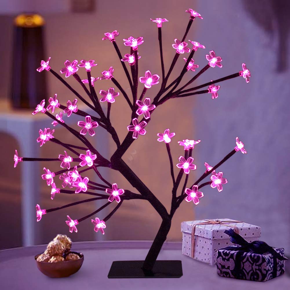 REFULGIXREFULGIX 18-Inch LED Cherry Blossom Bonsai Tree Lamp with 28 Pink LEDs | Adjustable Silicone Branches | Corded Electric Night Light for Room, Home & Gift Décor