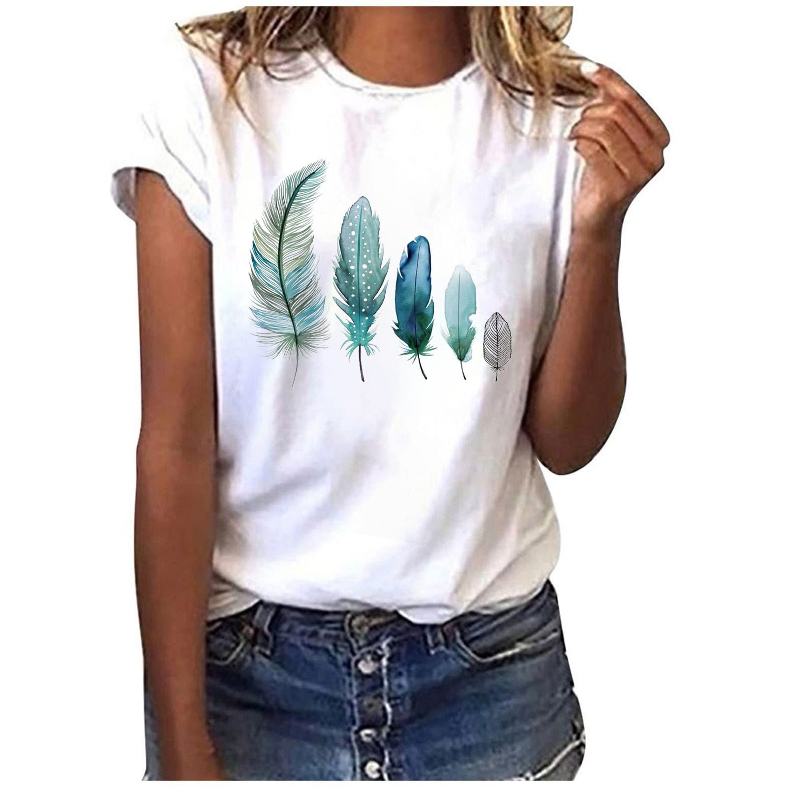 2024 Camiseta de Manga Corta Mujer Moda Pluma impresión Estampado Camisa Verano Suelto Cuello Redondo Tumblr Tops Casual Fiesta T-Shirt Original Basic tee Talla Grande Camisetas Blusa