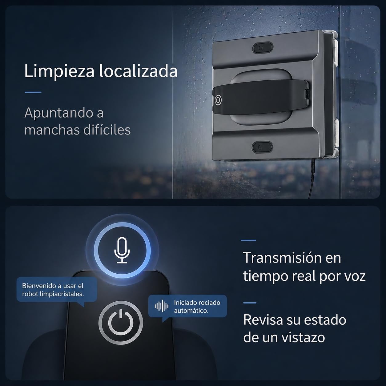 Robot Limpiacristales Automático con 4 Boquillas Pulverizadoras + Pack Regalo 6 Limpiacristales Kiehl GlasQueen– Doble Depósito, Limpieza de Ventanas, Espejos y Azulejos, Mando o App, Anti-Caídas