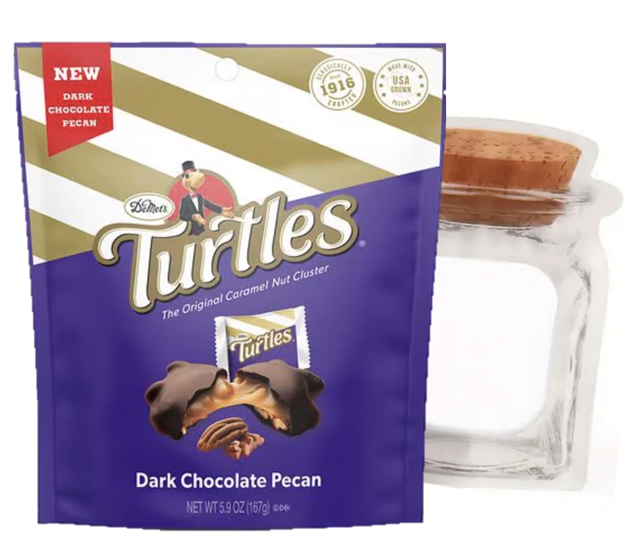 Chocolate Turtles Bites Size Candy Caramel Pecan Nuts Cluster Dark Chocolate With A Standing Decorative Bag