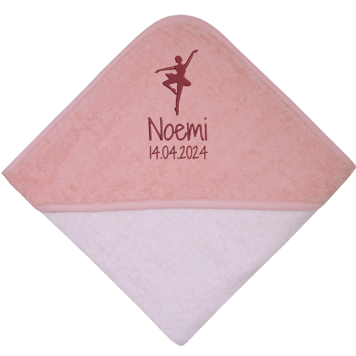 Wolimbo Kapuzenhandtuch personalisiert mit Namen und Motiv - lachsrosa - 100x100cm - für Baby und Kinder Babyhandtuch/Kinderhandtuch/Badetuch