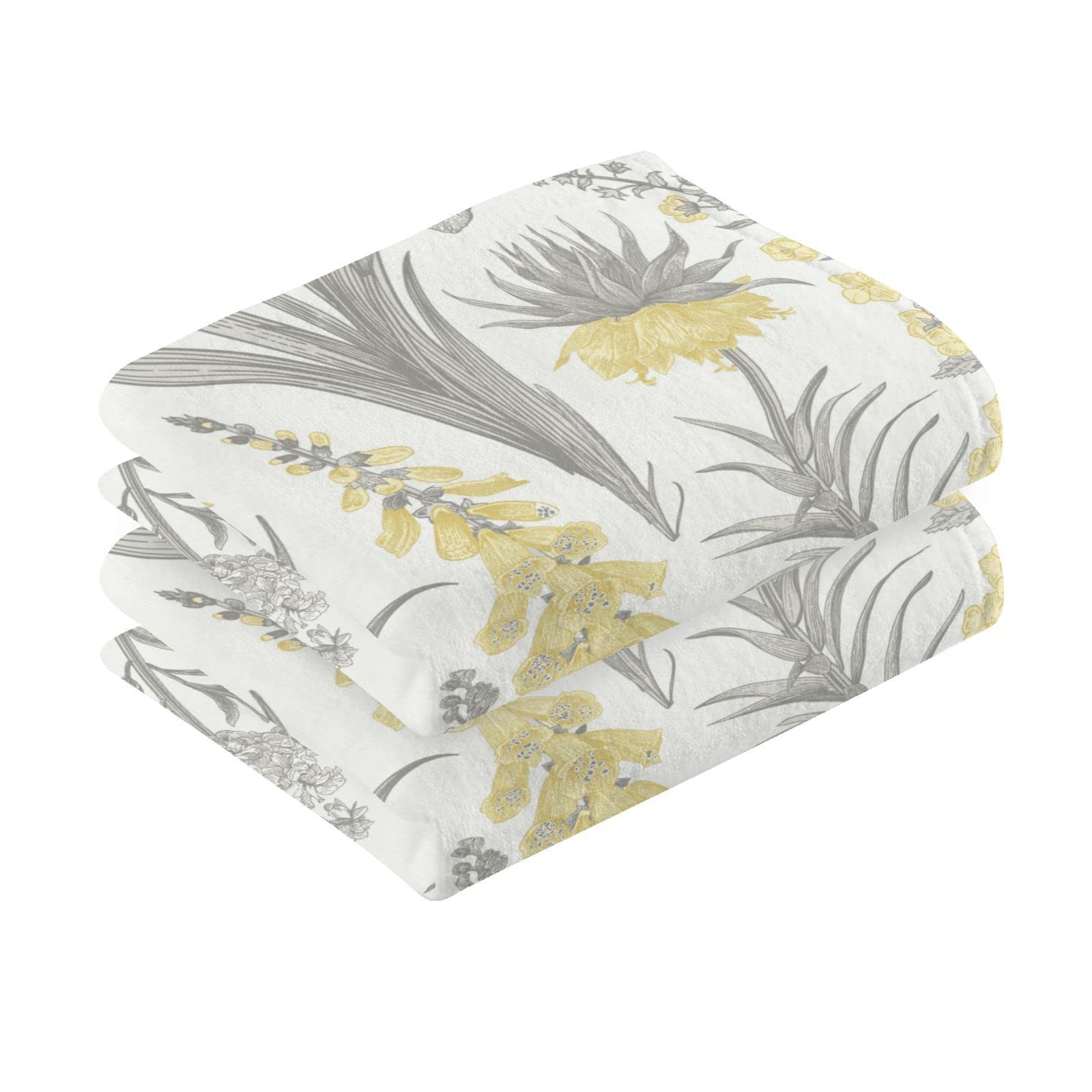 Jucciaco Vintage Yellow and Gray Flowers Towels for Bathroom Kitchen Spa Sports, Cotton Hand Towels Set of 2, 16x28 inch