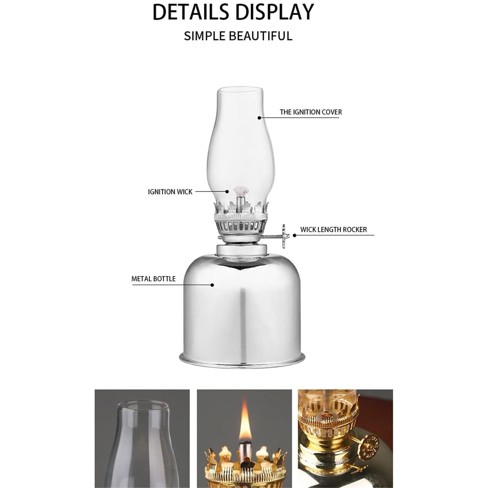 Lampe À Kérosène Miroir 7,28 "Lampe À Huile en Verre Lampe À Beurre Réglable avec Interrupteur Lampe À Huile Classique Intérieure Extérieure pour L'éclairage Domestique Décoratif