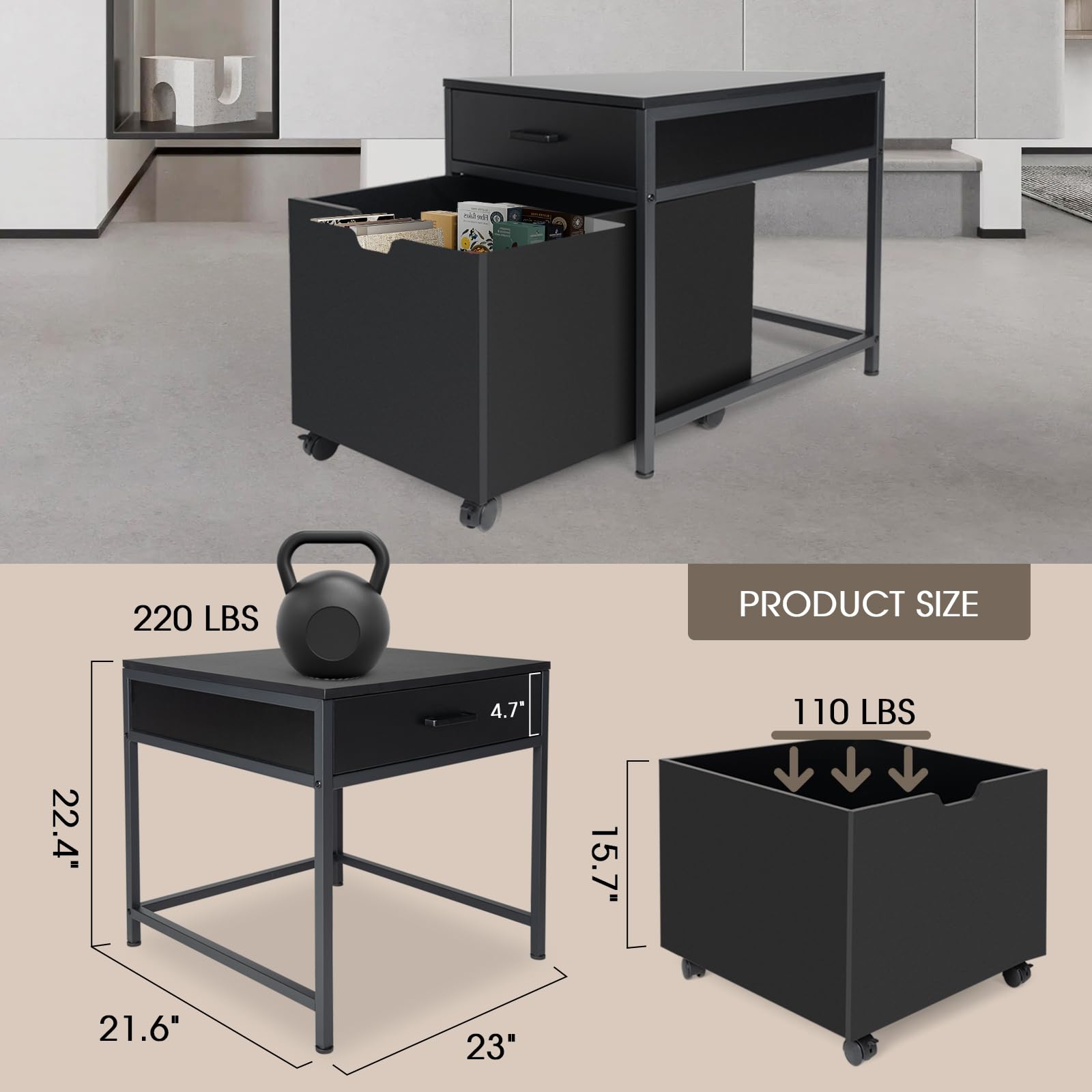 Fridge Stand with Storage and Drawer, Mini Fridge Table with Wheel, Mini Fridge Cabinet 220LBS Capacity for Office,Bedroom, Dormitory, Black