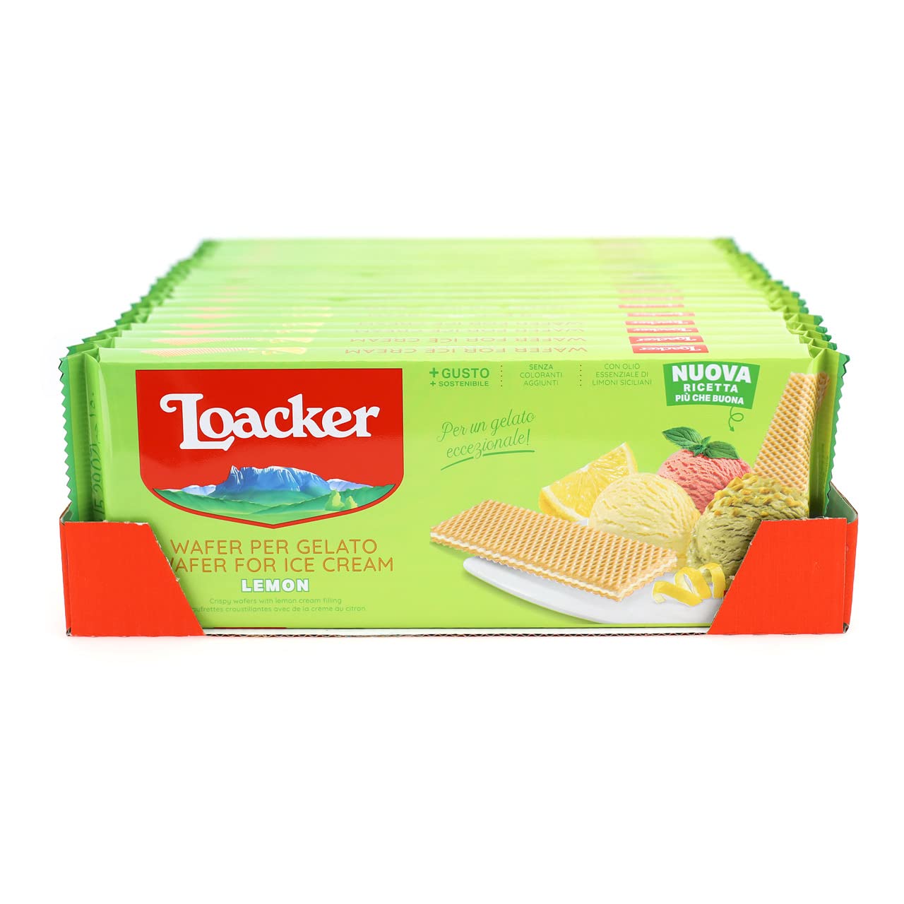 Loacker - Cialde Wafer Lemon per Gelato e Sorbetto - con Crema a Base di Oli Essenziali di Limoni di Sicilia e Vero Succo di Limone - Merenda, Snack e Dessert - 18 Confezioni da 21 Cialde