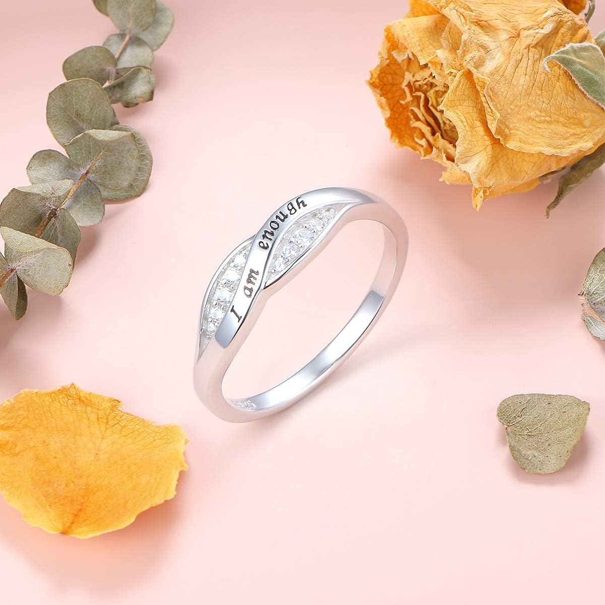 FLYOW I am Enough Rings 925 Sterling Silver CZ Ring Encouragement Jewelry Birthday Gift for Women Teen Girls Ring Size 5-10