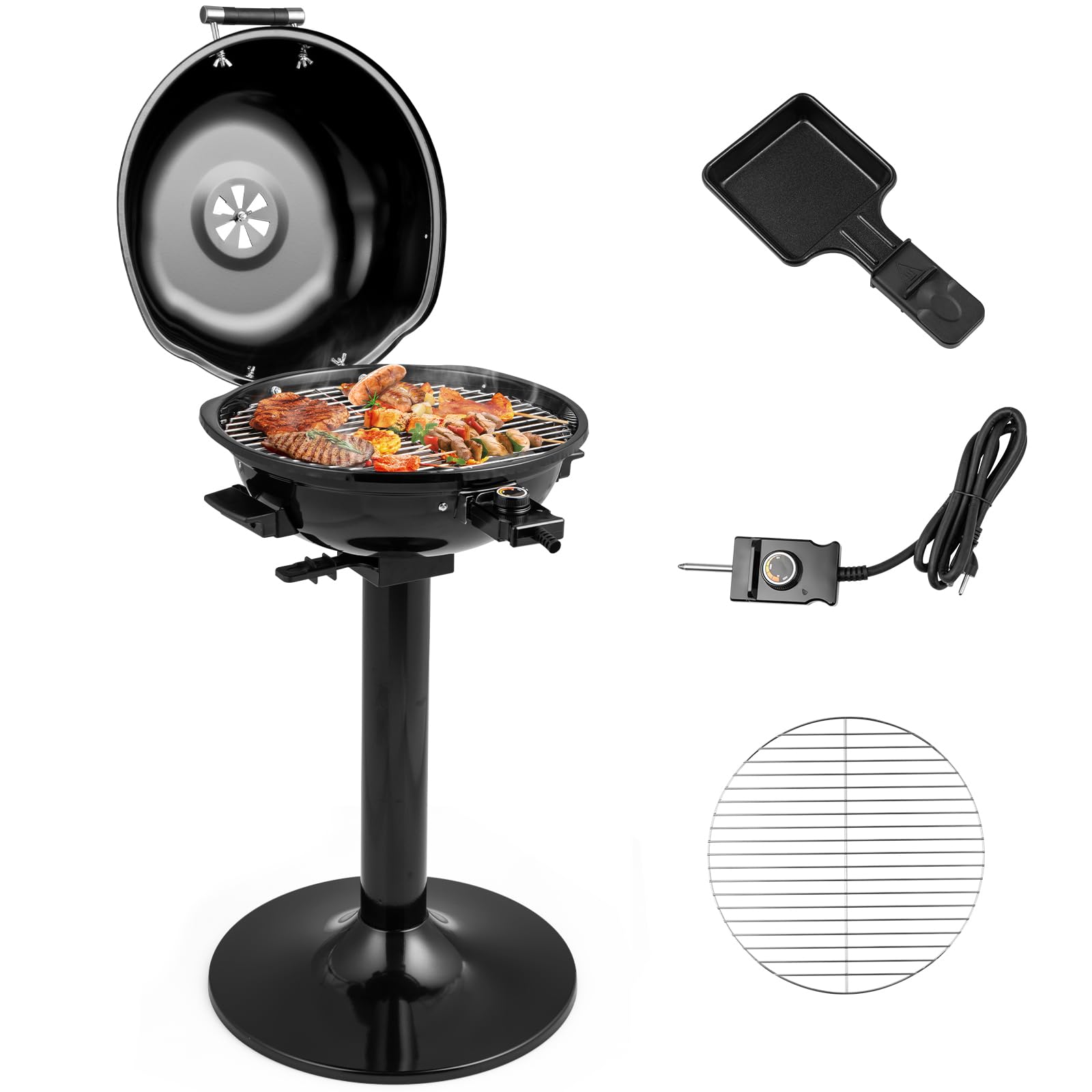 GYMAX Gril Barbecue Électrique sur Pied, Température 93-218°C, Puissance 1600W, Usage Intérieur et Extérieur, Portable avec Support pour Terrasse Balcon Cuisine Jardin