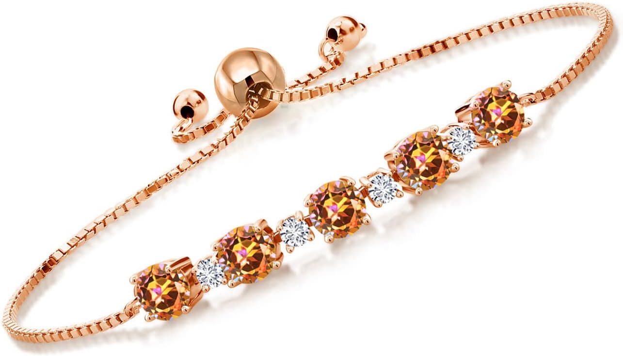 Gemstone Birthstone and Lab Grown Diamond Tennis Bracelet for Women in 18K Rose Gold Plated Silver | Round 5MM and 2.5MM | Adjustable Bolo Design | Easy-On Easy-Off | Fully Adjustable Up to 9 Inch