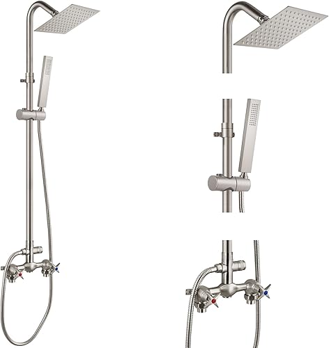 Aolemi Kit de ducha para exteriores de níquel cepillado de montaje en pared, cabezal de ducha cuadrado de 6 pulgadas con rociador de mano, 2 asas