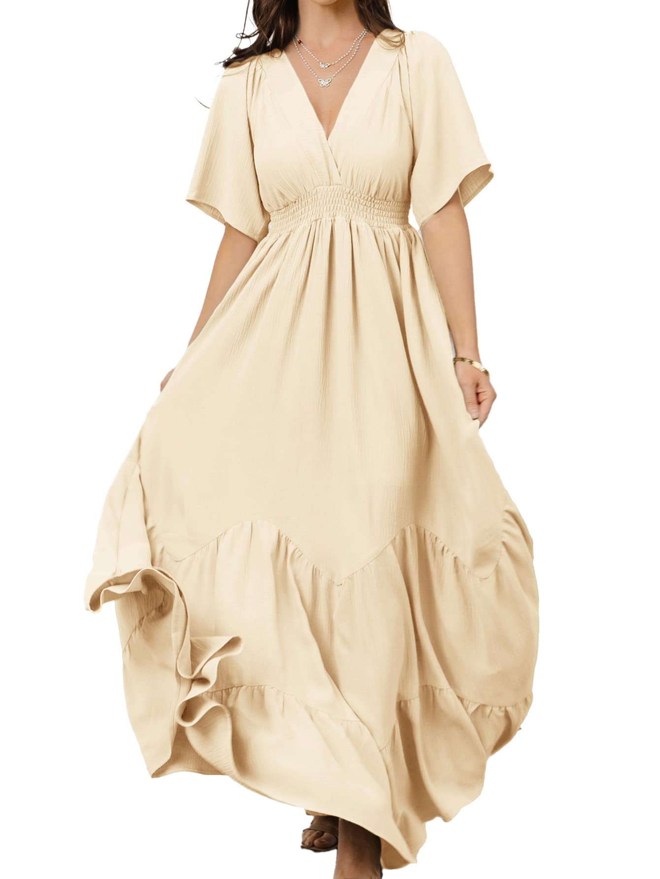 MiessialWomen Boho Flowy Maxi Wrap Dress V-Neck Tiered Dress High Waisted A Line with Short Sleeve