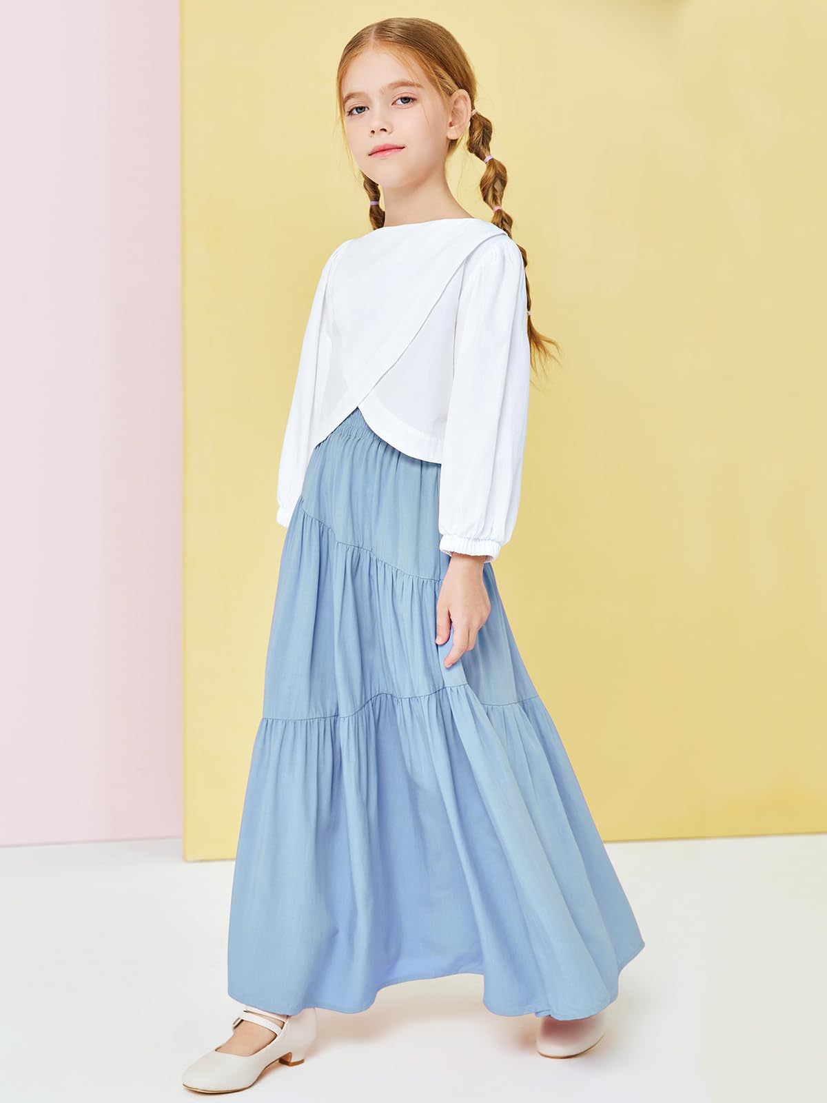 Haloumoning Maxi gonna elastica a vita alta da bambina, stile bohémien, a strati, plissettata, con tasche, 5-14 anni