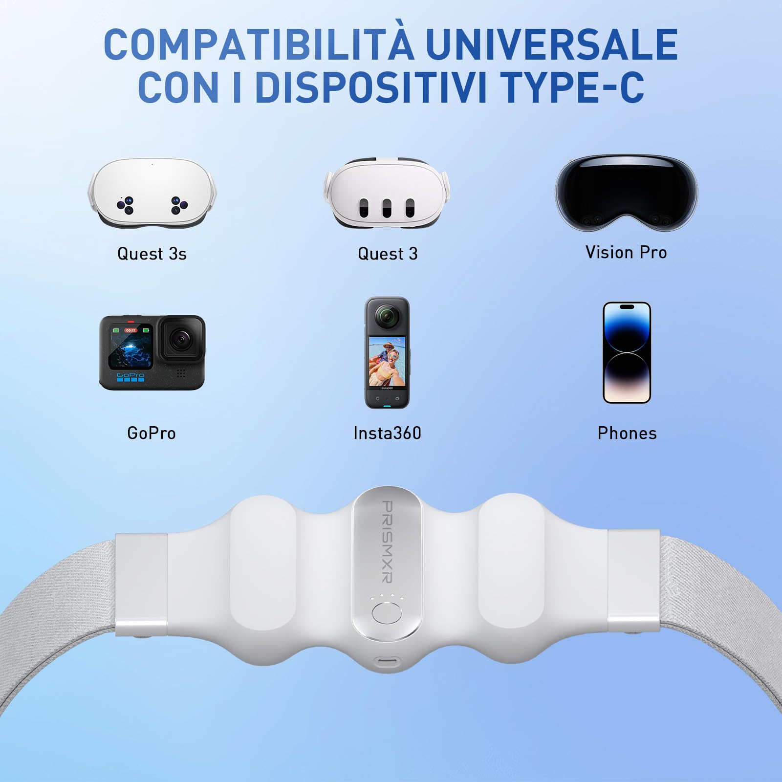 PRISMXR Power Bank portatile compatibile con Quest 3/3S/2, Pico 4, Accessori VR, uscita 30W, ricarica rapida, batteria da tipo C a C da 10.000 mAh (Carina W1, bianco)
