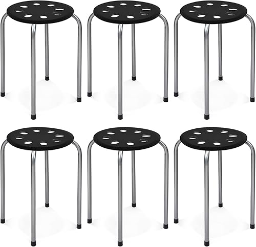 COSTWAY 6-Pack Plastic Stack Stools, 17.5-Inch Portable Stackable Stools with Metal Frame, Backless School Classroom Decoration Stools with Round