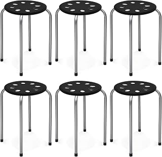 COSTWAY 6-Pack Round Plastic Stack Stools, 17.5-inch Height Backless School Classroom Decoration Stools with Metal Frame, Portable Stackable Chairs for Kids Children Students, Black+Grey