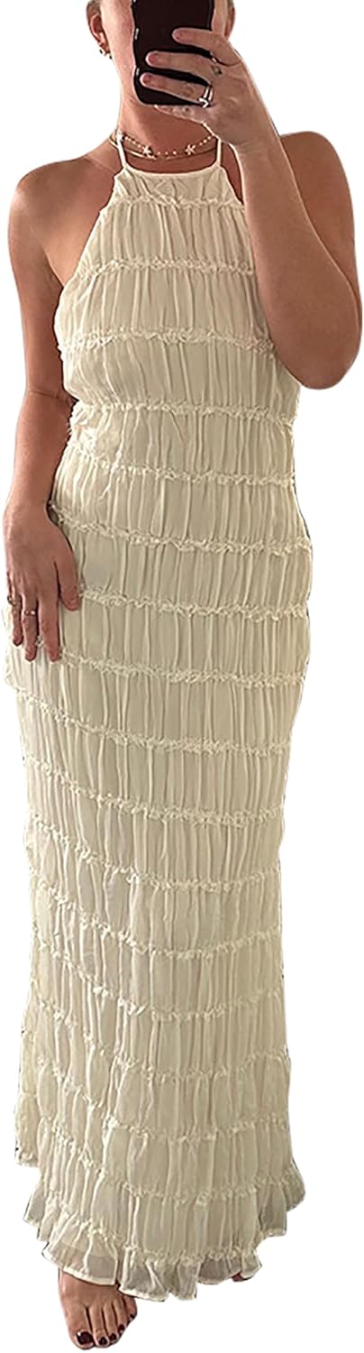 Women's Sexy Halter Neck Maxi Dress Sleeveless Backless Ruffle Flowy Vacation Formal Long Dresses