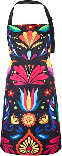 Miniatura 9 de Delantal mexicano para mujer, colorido fondo mexicano con flores y pájaros, delantal de cocina impermeable con bolsillos ajustables para cocina,