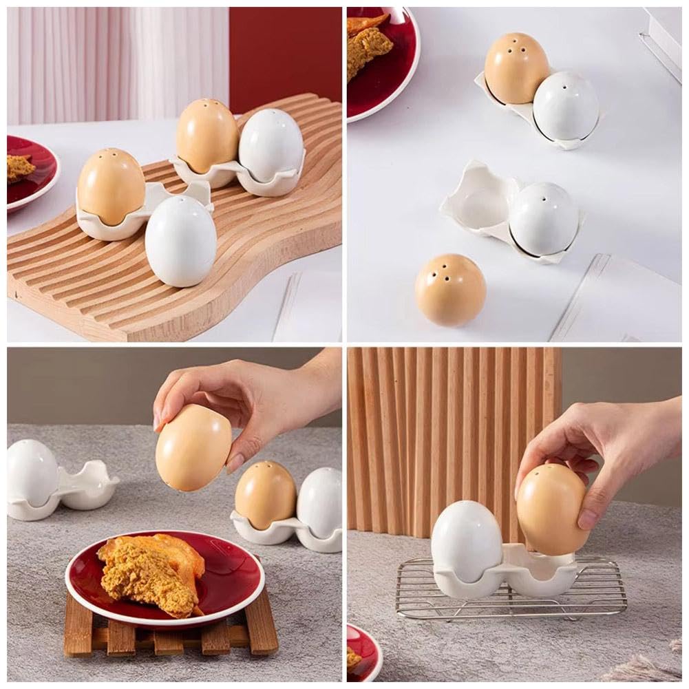 Ensemble salière et poivrière en céramique en forme d'œuf, pot à épices amusant, mini shaker marron en forme d'œuf avec support de support pour épices de cuisine