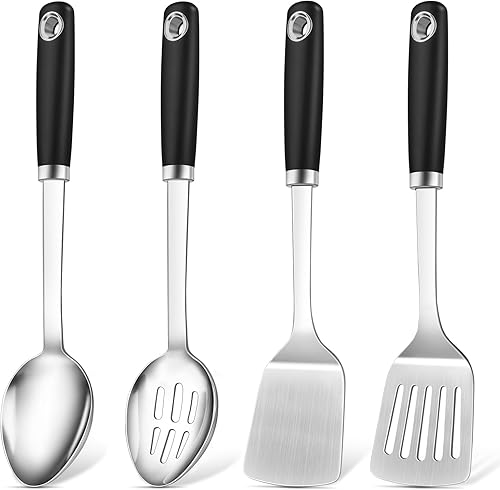 Miniatura 1 de Juego de 4 utensilios de cocina de acero inoxidable, herramientas de cocina de metal resistentes al calor, incluye espátula Wok sólida y ranurada,