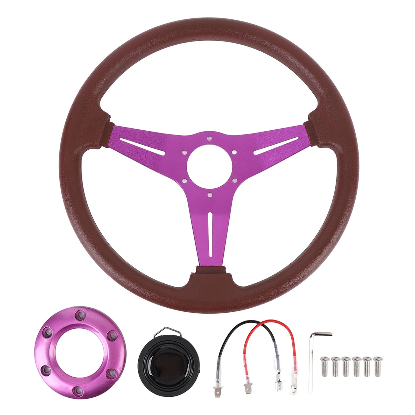 14-calowa Kierownica Samochodowa, Szprychy ze Skóry PU i Aluminium Wygodny Uchwyt Kierownica do Gier Wyścigowych Drift z Przyciskiem Klaksonu na 6-otworowy Adapter Piasty (PURPLE)