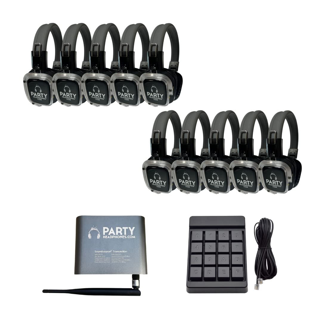 Party Headphones Silent Disco Wireless RF 10 x Headphones, 1 x RF Transmitter Bundle Combo | LED Flashing Light | 1500ft Range | Long Distance Outdoor